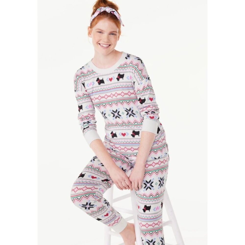 NEW Sz Medium Fair Isle Scottie Dog Print Stretch 2 Pc Pajama Lounge Set JOYSPUN